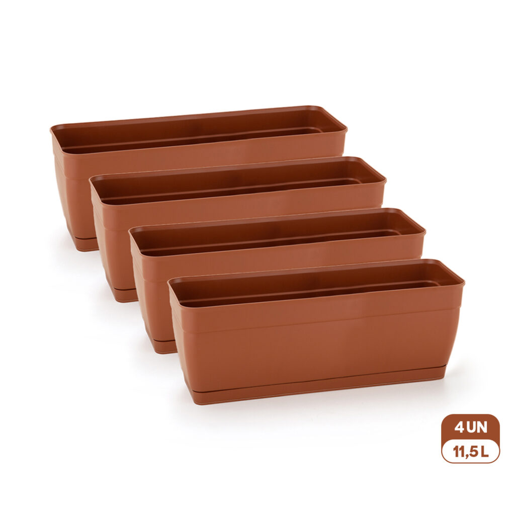 Kit 4 Floreiras com Prato Anti-Dengue 11,5L Jardineiras Vasos Plásticos Retangulares Diversas Cores