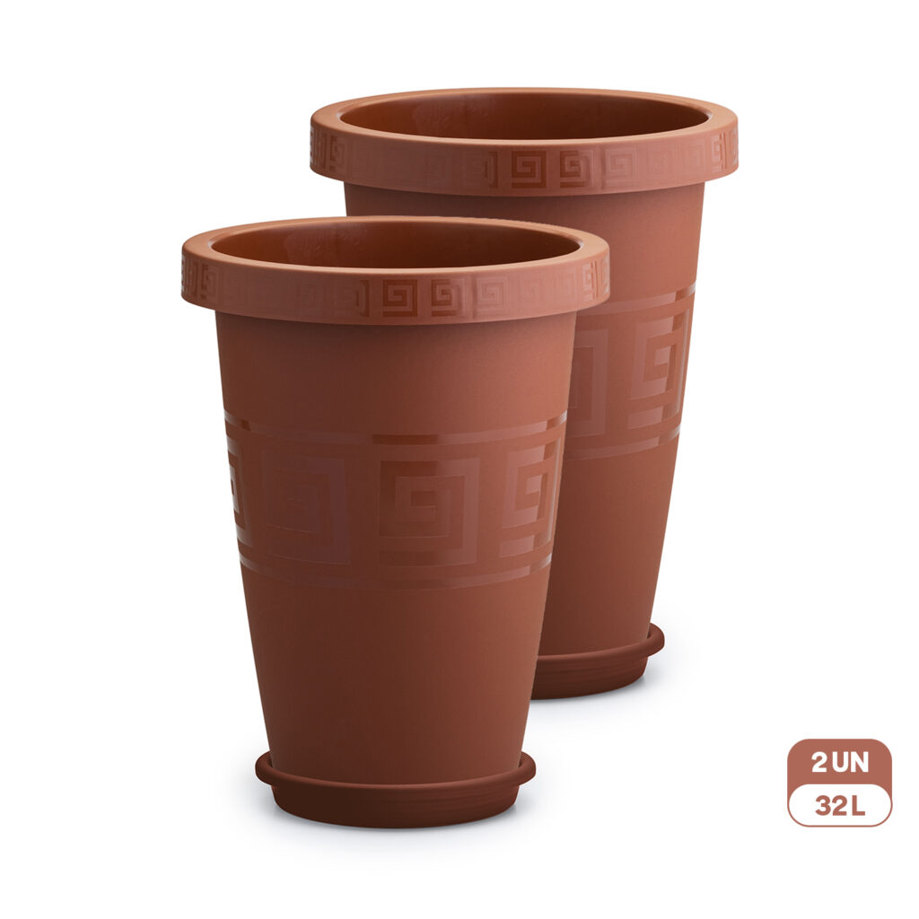 Kit 2 Vasos Gregos Redondos Extra Grande 32L com Prato Plástico Resistente Decorativo Jardim Varanda