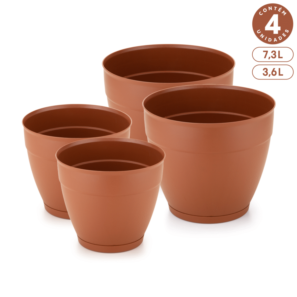 Kit 2 Vasos 7,3L e 2 Vasos 3,6L com Prato Anti-Dengue Plástico Interno Externo Diversas Cores